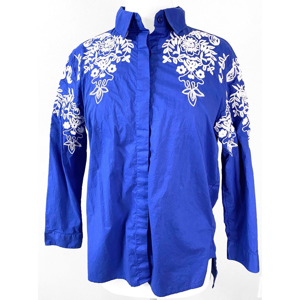 Velzera Women's Button Front Embroidered Blue Shirt, Size L